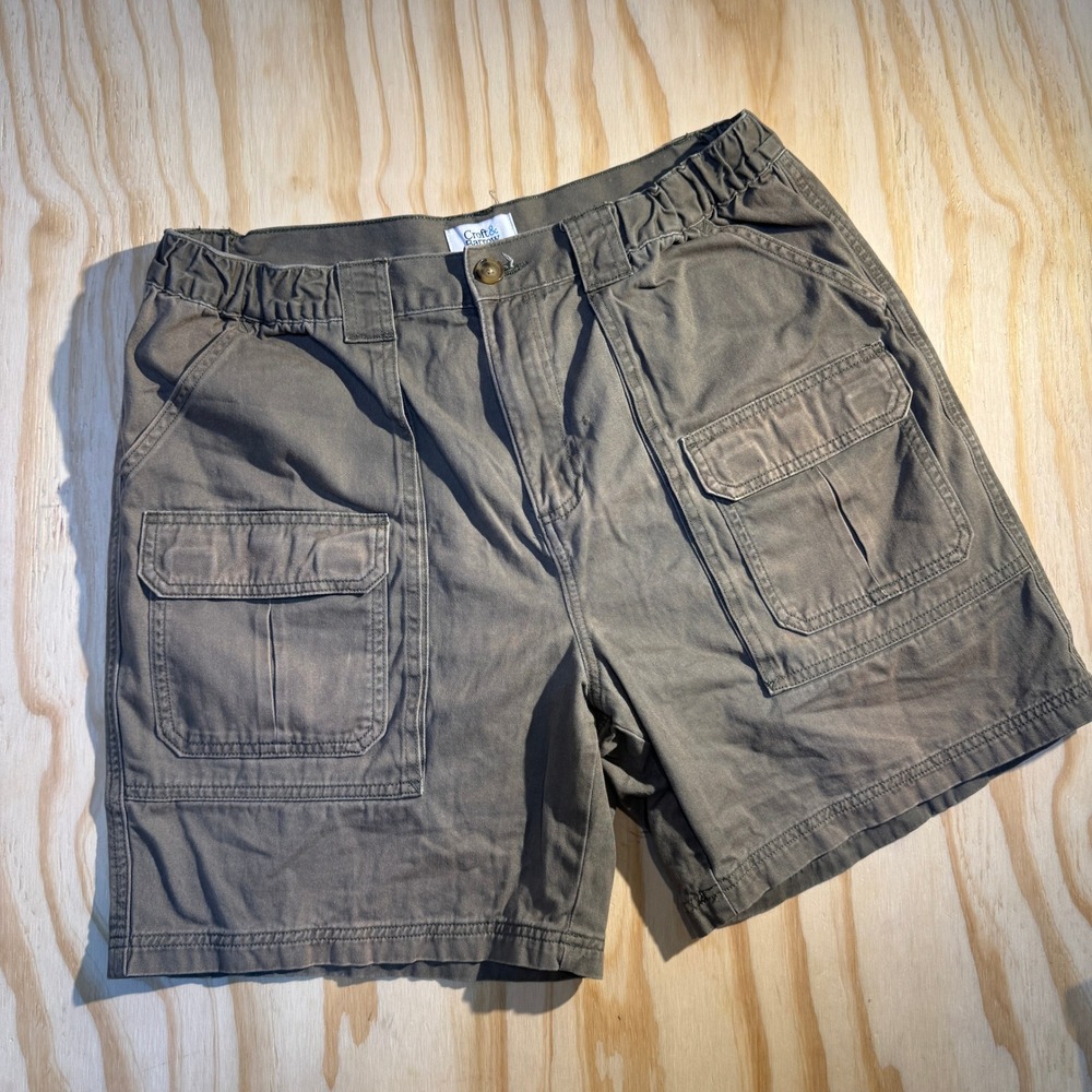 Croft & Barrow Mens Hiking Cargo Shorts Olive Green Elastic Waist Cotton Size 36